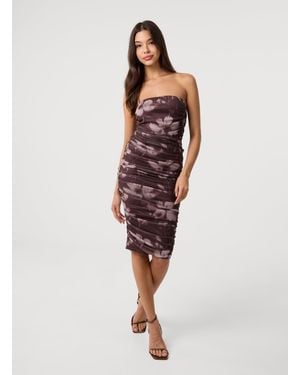 Pink Vanilla Ruched Floral Print Midi Dress - Red