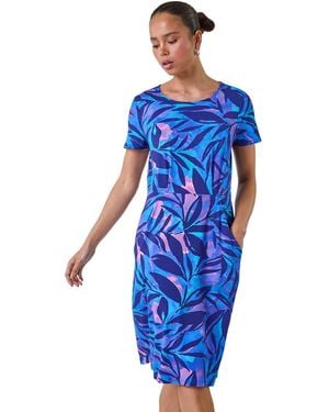 Roman Petite Abstract Leaf Pocket Stretch Dress - Blue