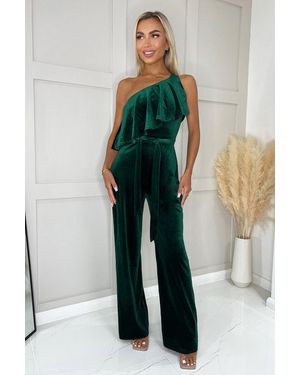 AX Paris Velvet One Shoulder Frill Belted Jumpsuit - Green