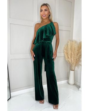 AX Paris Velvet One Shoulder Frill Belted Jumpsuit - Green