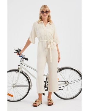 Hiccup Shirt Collar Pocket Straight Leg Muslin Jumpsuit With A Belt Detail - Natural