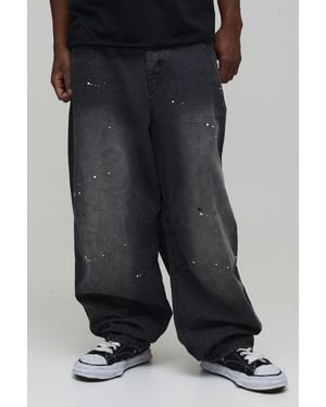 BoohooMAN Tall Spray Washed Paint Splatter Balloon Jeans - Black