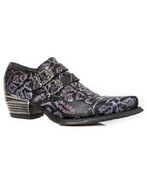 New Rock Vintage Floral Leather Buckle Shoes-7960-S8 - Black