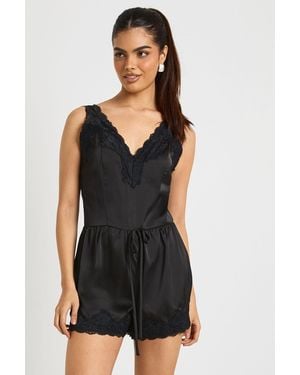 Boohoo Lace Trim Satin Flippy Short Playsuit - Black