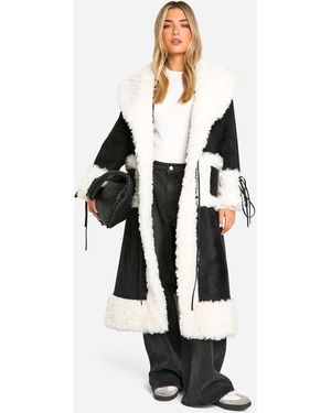 Boohoo Bow Detail Teddy Trim Coat - White