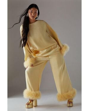 Warehouse Petite Premium Iridescent Feather Cuff Wide Leg Trouser - Yellow