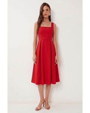 Happiness İstanbul Square Collar A-Form Midi Dress With Zipper Closure - Red