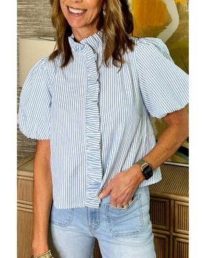 Azura Exchange Beau Blauw Gestreepte Ruffle Korte Mouwen Bubble Shirt