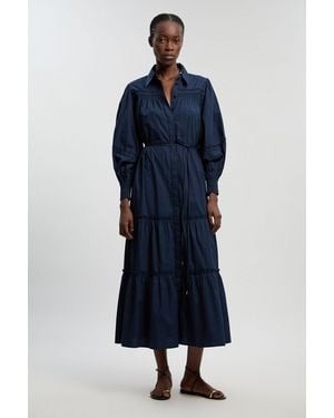 Karen Millen Shirred Cotton Tiered Printed Woven Shirt Dress - Blue