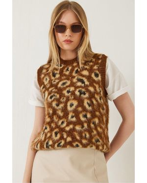 Bianco Lucci Leopard Print Ribbed Knitwear Jumper Vest - Brown
