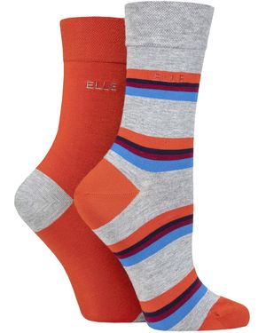 Elle 2 Pack Ladies Striped And Plain Bamboo Socks - Red