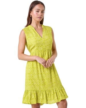 Roman Petite Aztec Print Tiered Tunic Dress - Yellow