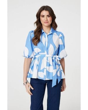 Izabel London Abstract Puff Sleeve Tie Waist Blouse Short - Blue