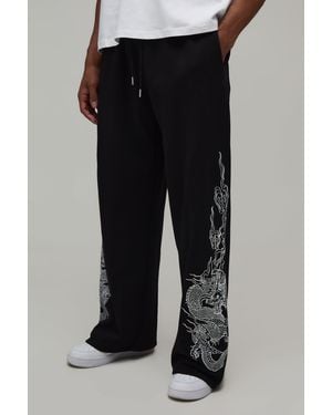 BoohooMAN Wide Leg Dragon Print Jogger - Black