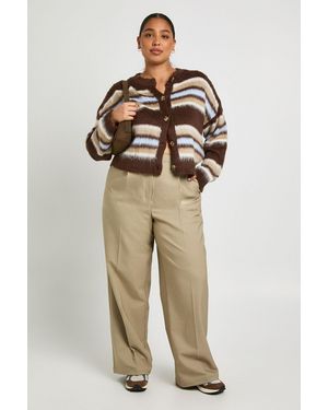 Boohoo Plus Crew Neck Fluffy Stripe Cardigan - Natural