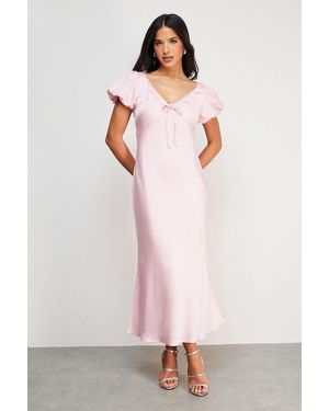 Warehouse Satin Lace Insert Puff Sleeve Midi Tea Dress - Pink