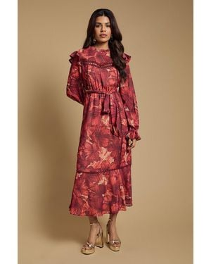 Oasis Petite Printed Dobby Chiffon Belted Waist Midi Dress - Red