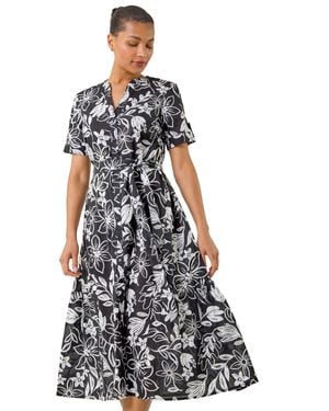 Roman Floral Print Tie Waist Midi Dress - White