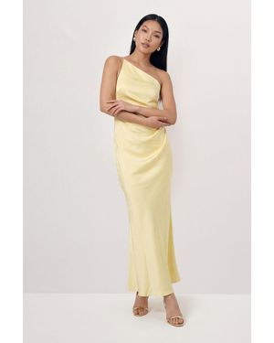 MissPap Satin Asymmetric Strap Pleated Waist Low Back Maxi Bridesmaid Dress - Natural