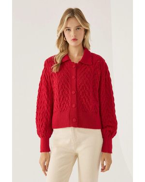 Hiccup Shirt Collar Buttoned Knit Cardigan - Red