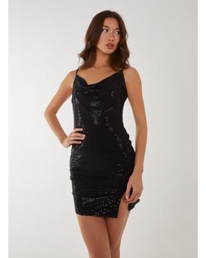 Pink Vanilla Glitter Draped Cowl Neck Mini Dress - Black