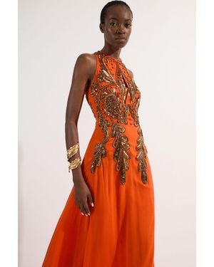 Karen Millen Halter Neck Bugle Bead Detail Woven Maxi Dress - Orange