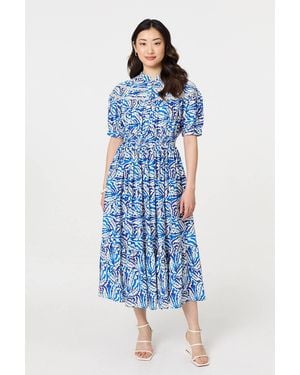 Izabel London Leaf Print 1/2 Sleeve Midi Shirt Dress - Blue