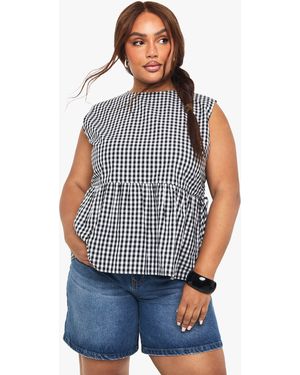 Boohoo Plus Gingham Tie Side Smock Top - Blue