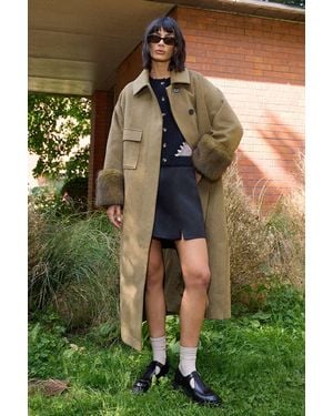 Warehouse Patch Pocket Asymmetric Fur Trim Car Coat - Green