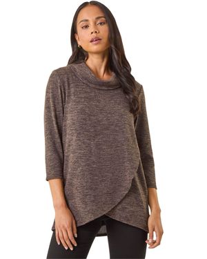 Roman Petite Brushed Knit Wrap Top - Brown