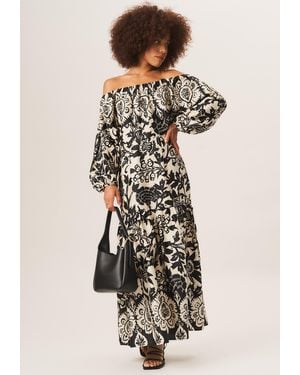Gini London Mono Border Print Bardot Maxi Dress - White