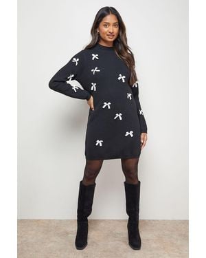 Oasis Bow Front High Neck Knitted Mini Dress - Blue