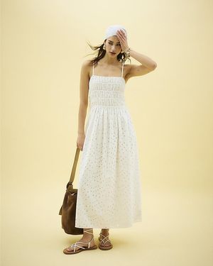 River Island Maxi Dress Broderie Shirred Sleeveless Cotton - Natural
