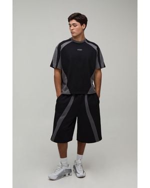 BoohooMAN Oversized Boxy Panelled T-Shirt & Jersey Short Set - Blue