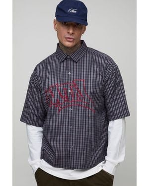 BoohooMAN Tall Oversized Boxy Graffiti Applique Faux Layer Micro Check Shirt - Blue