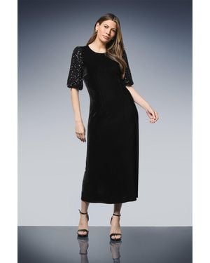 Wallis Sequin Puff Sleeve Velvet Tie Back Midi Dress - Blue