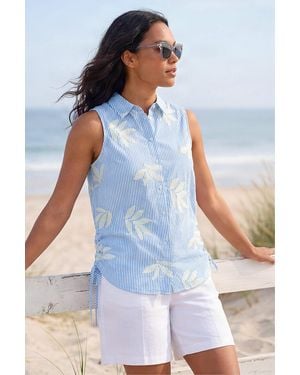 Roman Stripe Leaf Embroidered Button Up Blouse - White