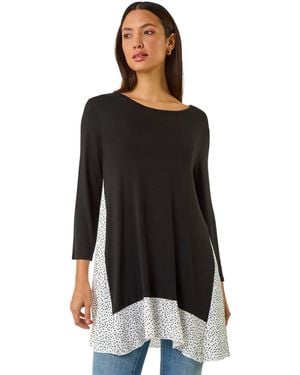 Roman Polka Dot Side Split Tunic Top - Black
