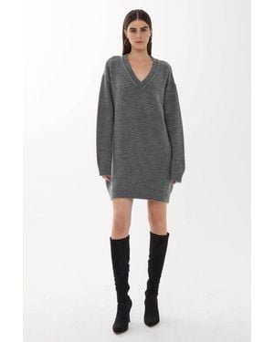 Hiccup Oversized V-Neck Knit Dress - Grey
