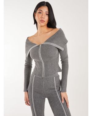 Pink Vanilla Washed Rib Fold-Over Cardigan - Grey