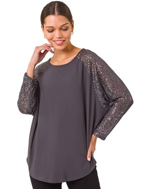 Roman Sequin Sleeve Tunic Stretch Top - Purple
