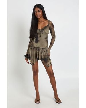 Boohoo Floral Print Mesh Square Neck Frill Hem Skater Dress - Green