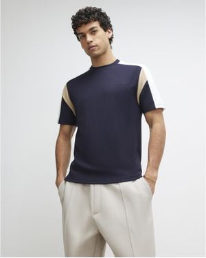 River Island T-Shirt Slim Fit Shoulder Colour Block - Blue