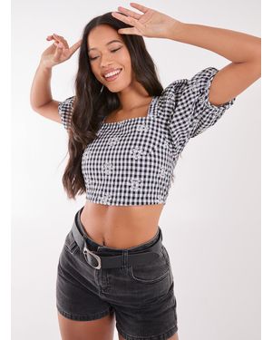Pink Vanilla Tie Back Gingham Crop Top - Black