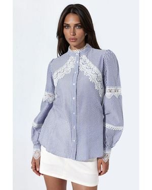 Msn-Collection Striped Woven Shirt-Collar T-Shirt - Blue