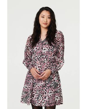 Izabel London Polka Dot Long Sleeve Short Dress - Pink