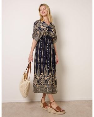 Blue Vanilla Floral Border Design Dress - Natural