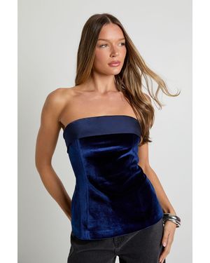 Boohoo Foldover Velvet Bandeau Top - Blue