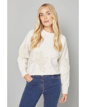 Wallis Petite Flower Motif Crew Neck Jumper - White