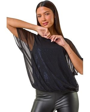 Roman Sequin Mesh Overlay Bubble Hem Top - Black